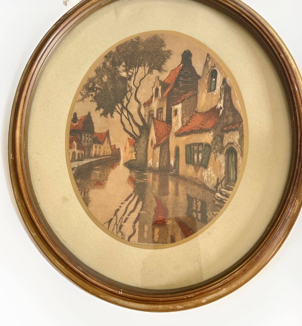 Vintage Bruges Belgium Canal Scene Round Framed Art Print Le Quai Vert Tondo 12"